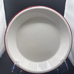 Vintage White Red Rim Enamelware Dinner Plate Farmhouse Camp Rustic 9.25 Inches